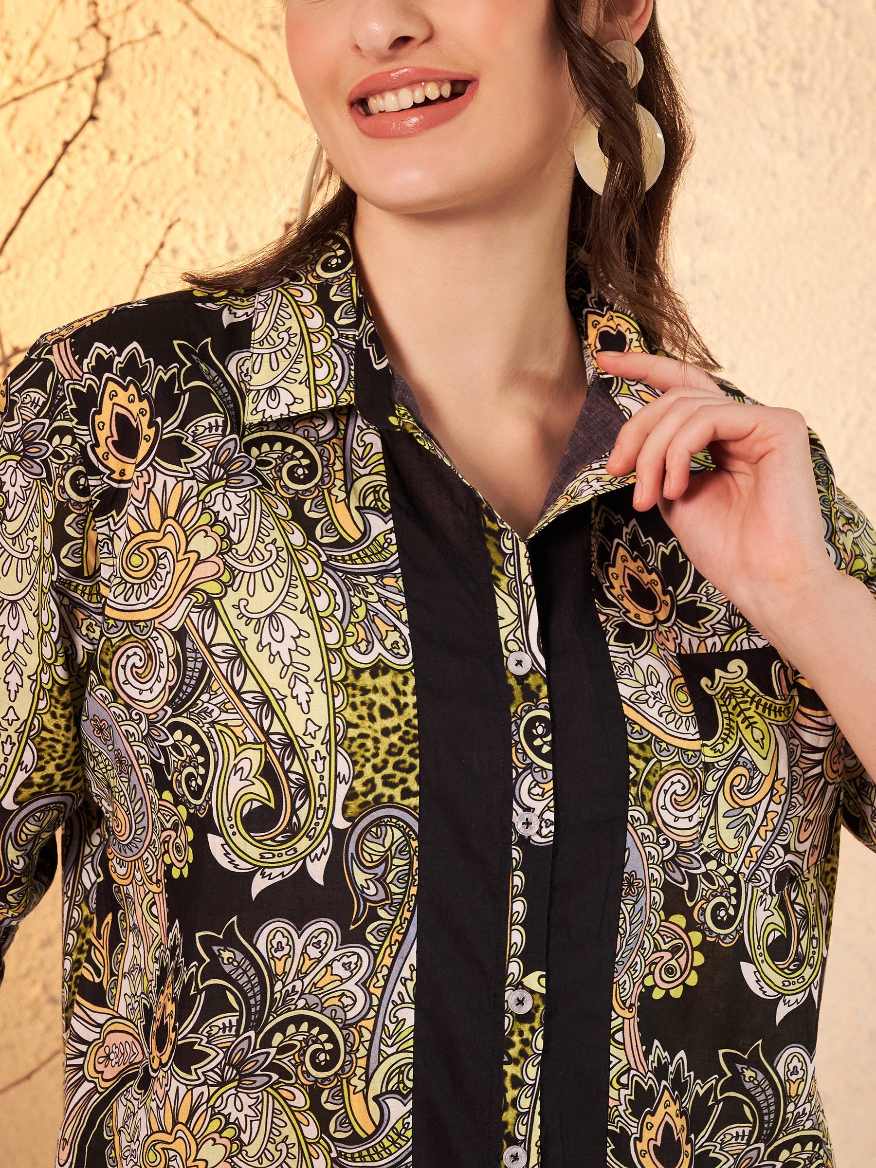 Black & Olive Paisley Printed Shirt with Contrast Placket