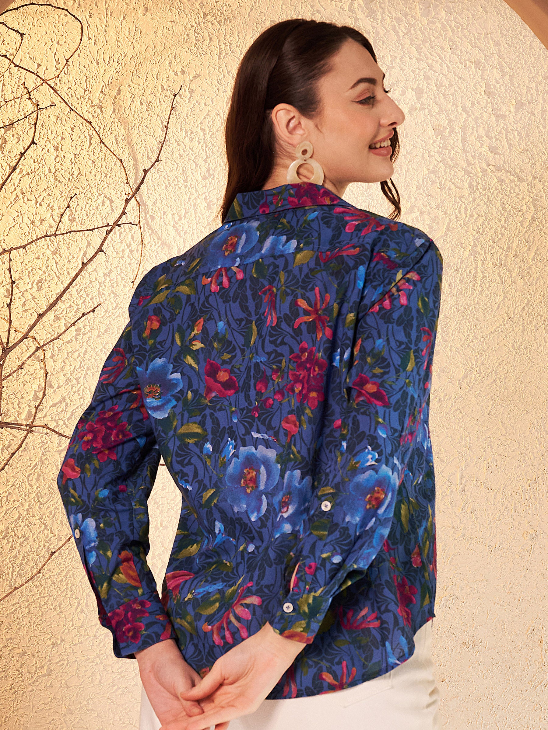 Navy Blue Floral Printed Shirt