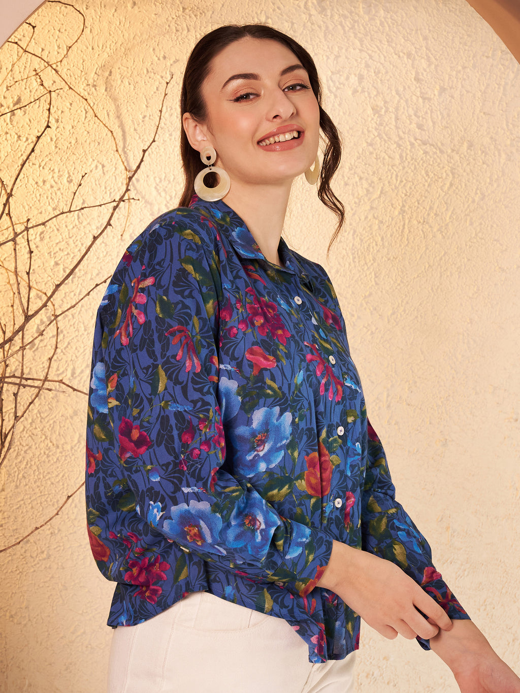 Navy Blue Floral Printed Shirt