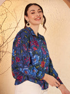 Navy Blue Floral Printed Shirt