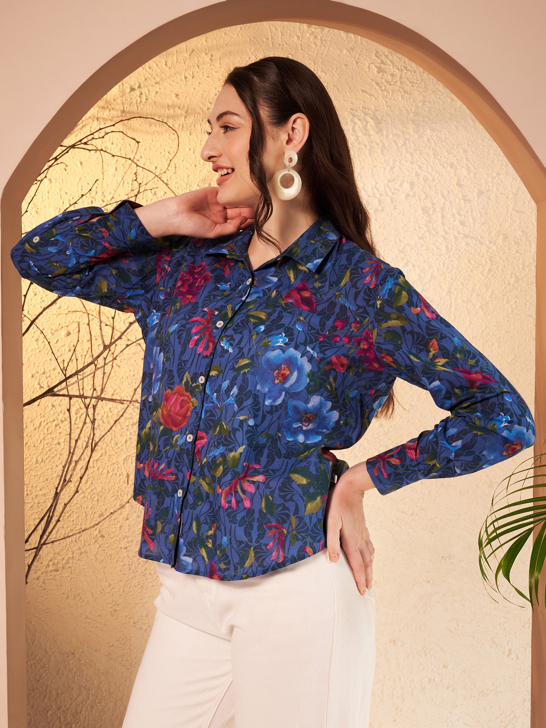 Navy Blue Floral Printed Shirt