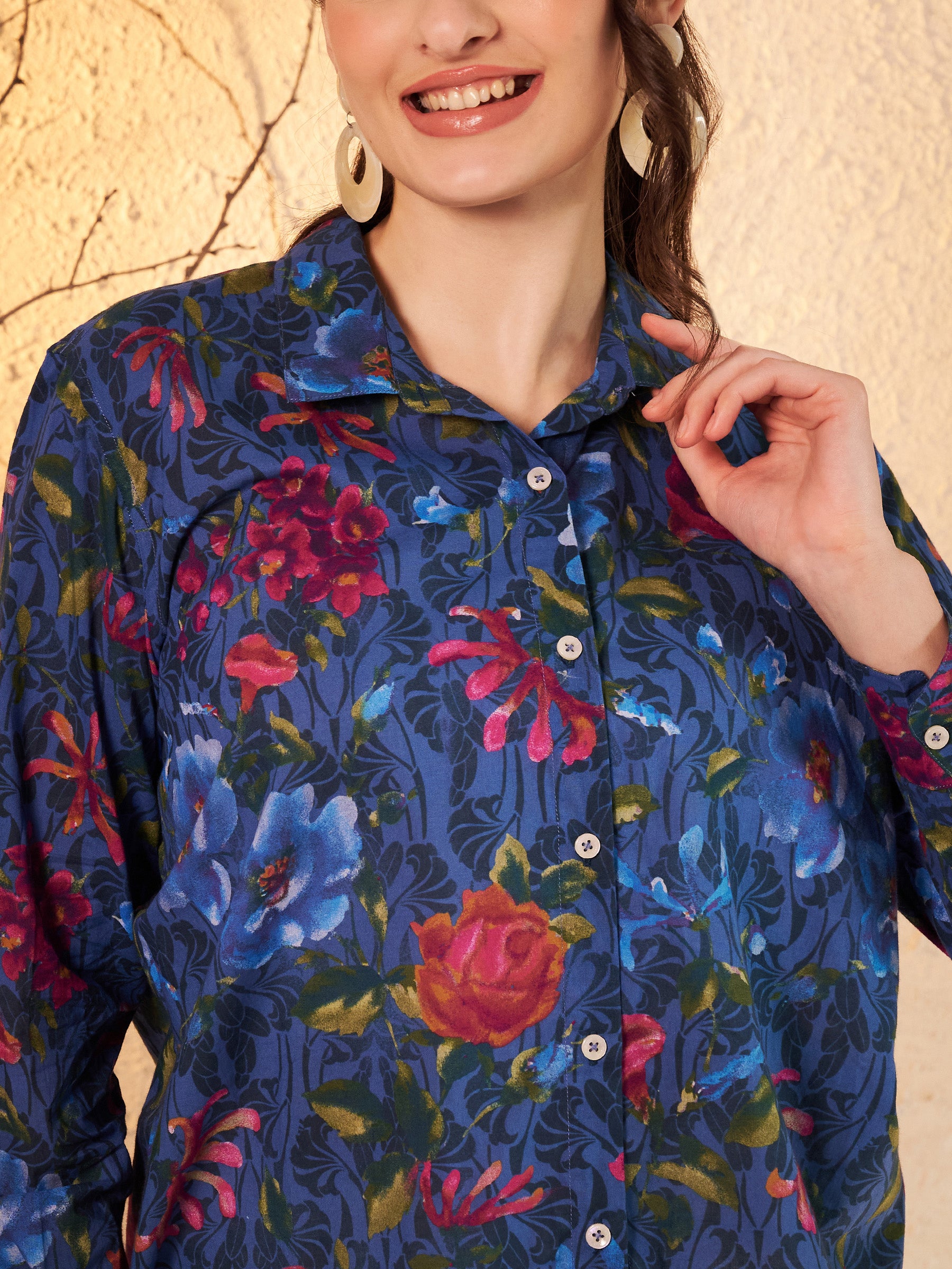 Navy Blue Floral Printed Shirt
