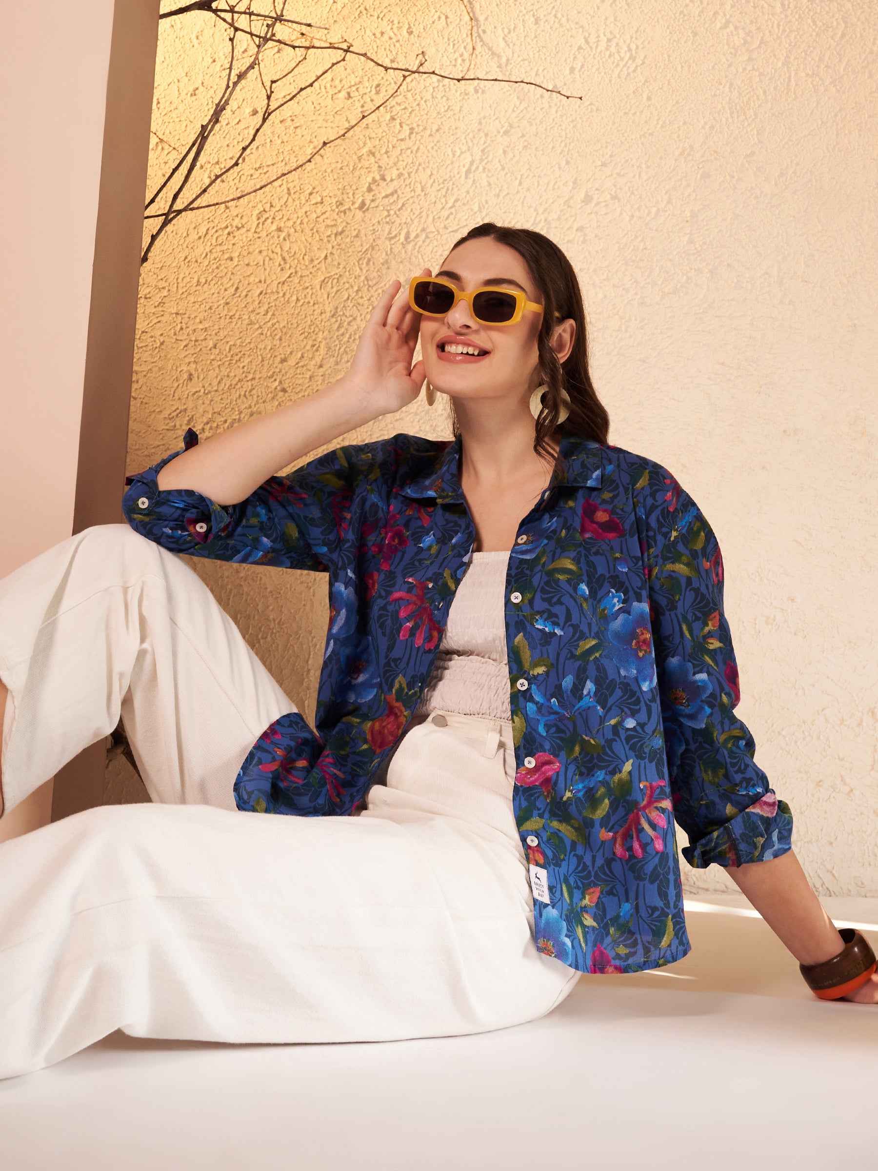 Navy Blue Floral Printed Shirt