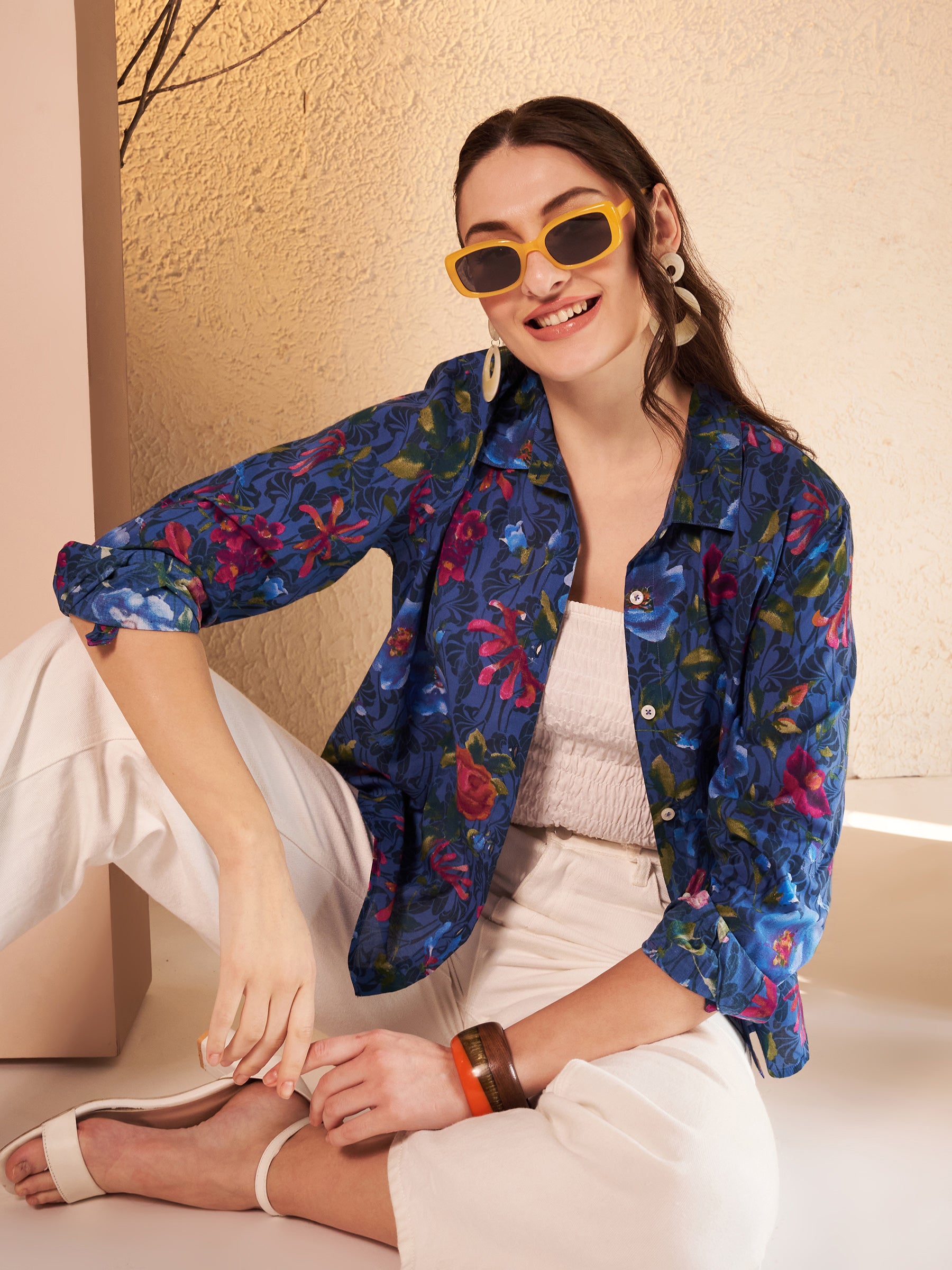 Navy Blue Floral Printed Shirt