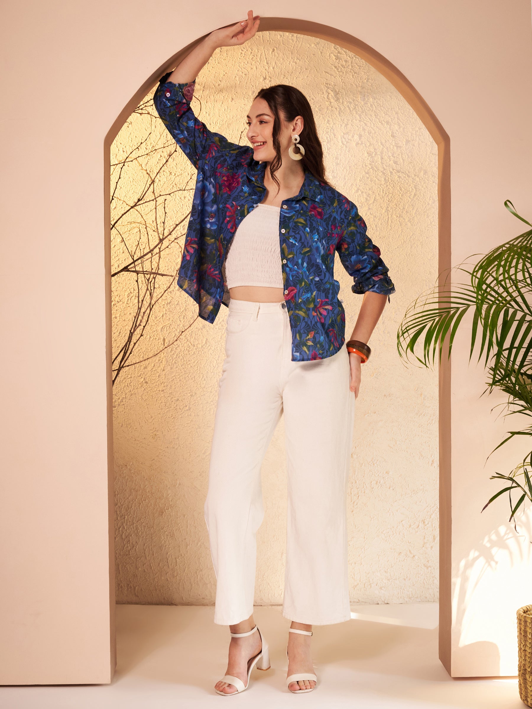 Navy Blue Floral Printed Shirt