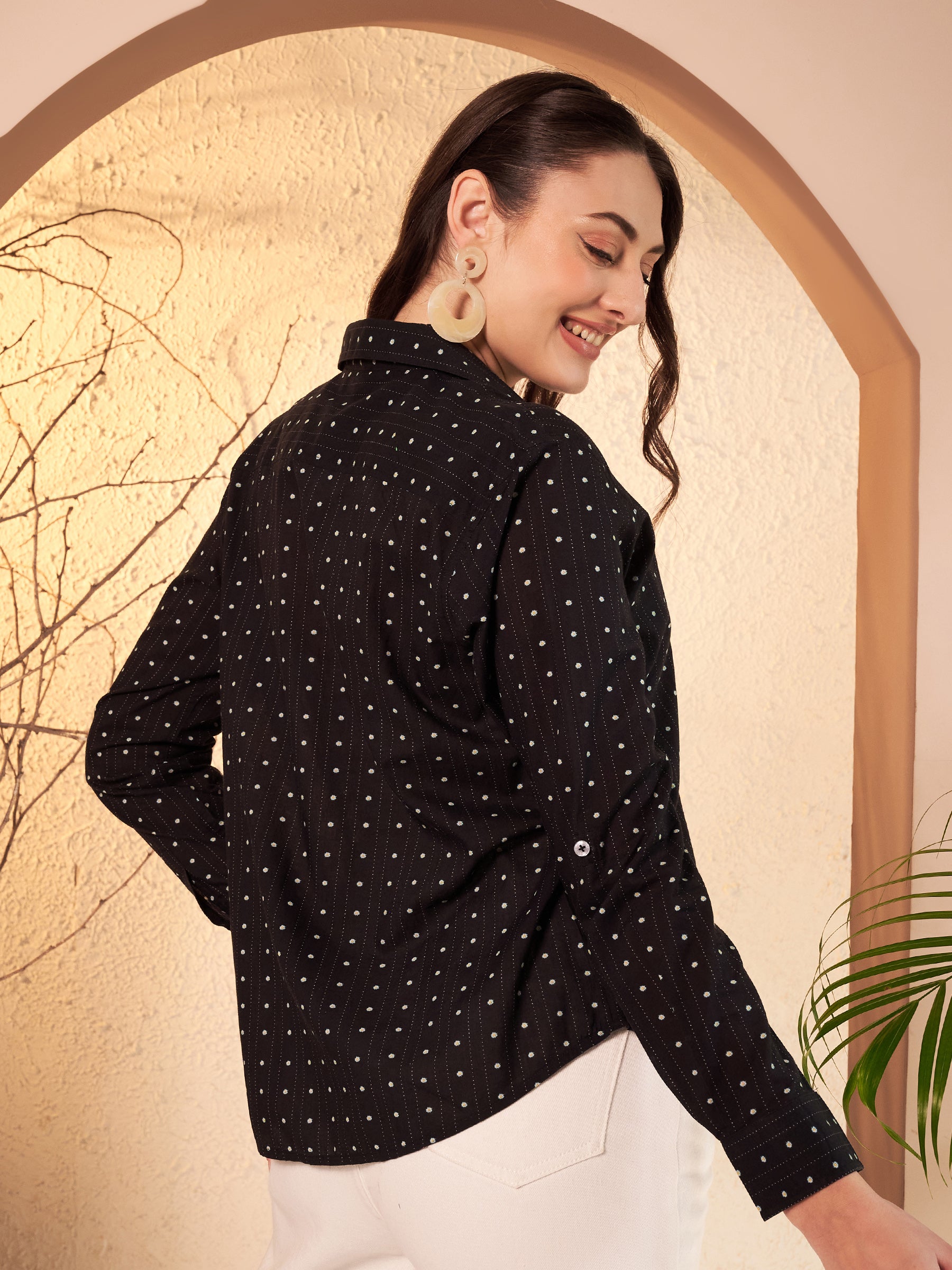 Black Dotted Printed Shirt with Floral Print Placket