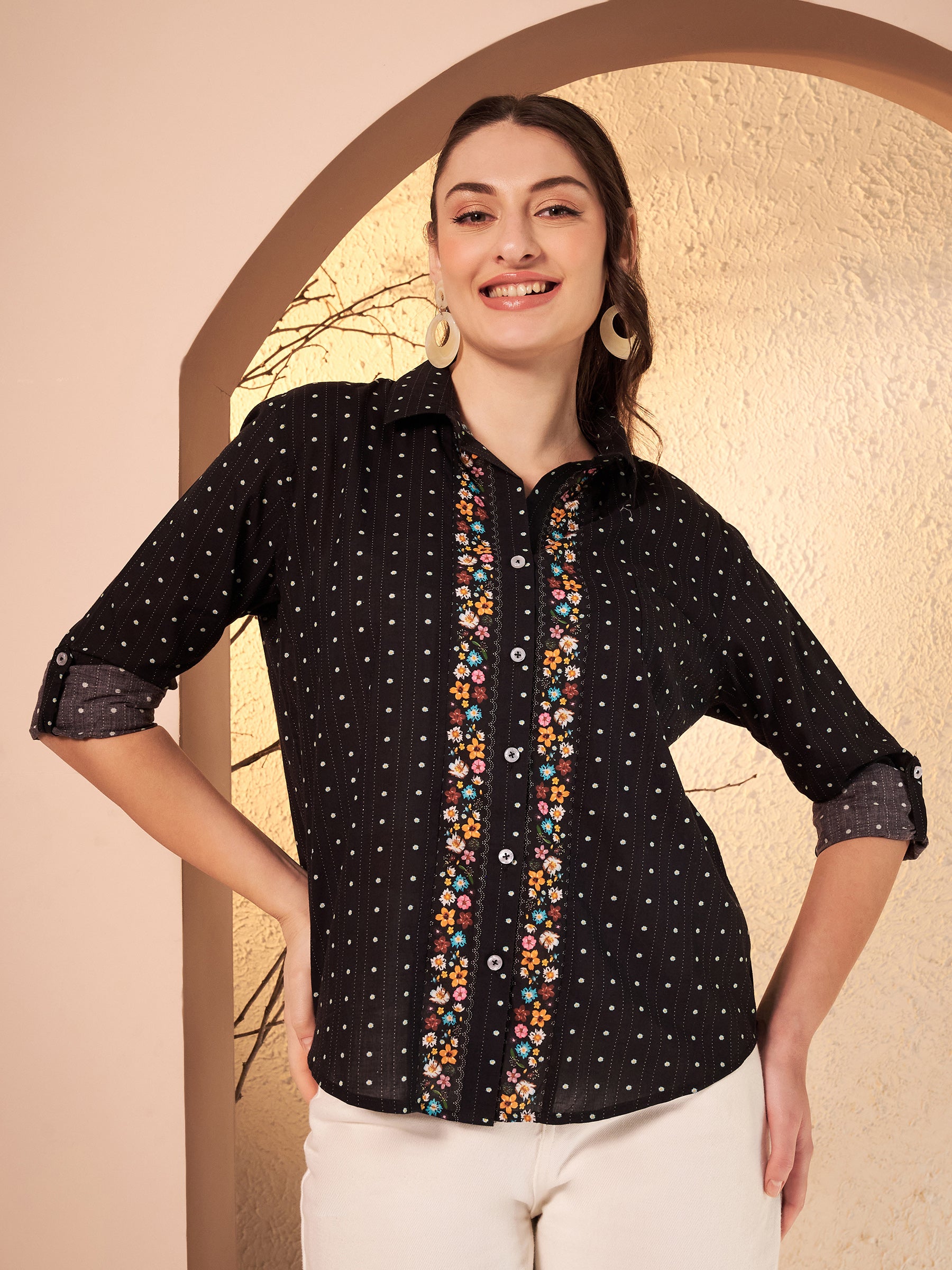 Dotted Printed Shirt with Floral Print Placket