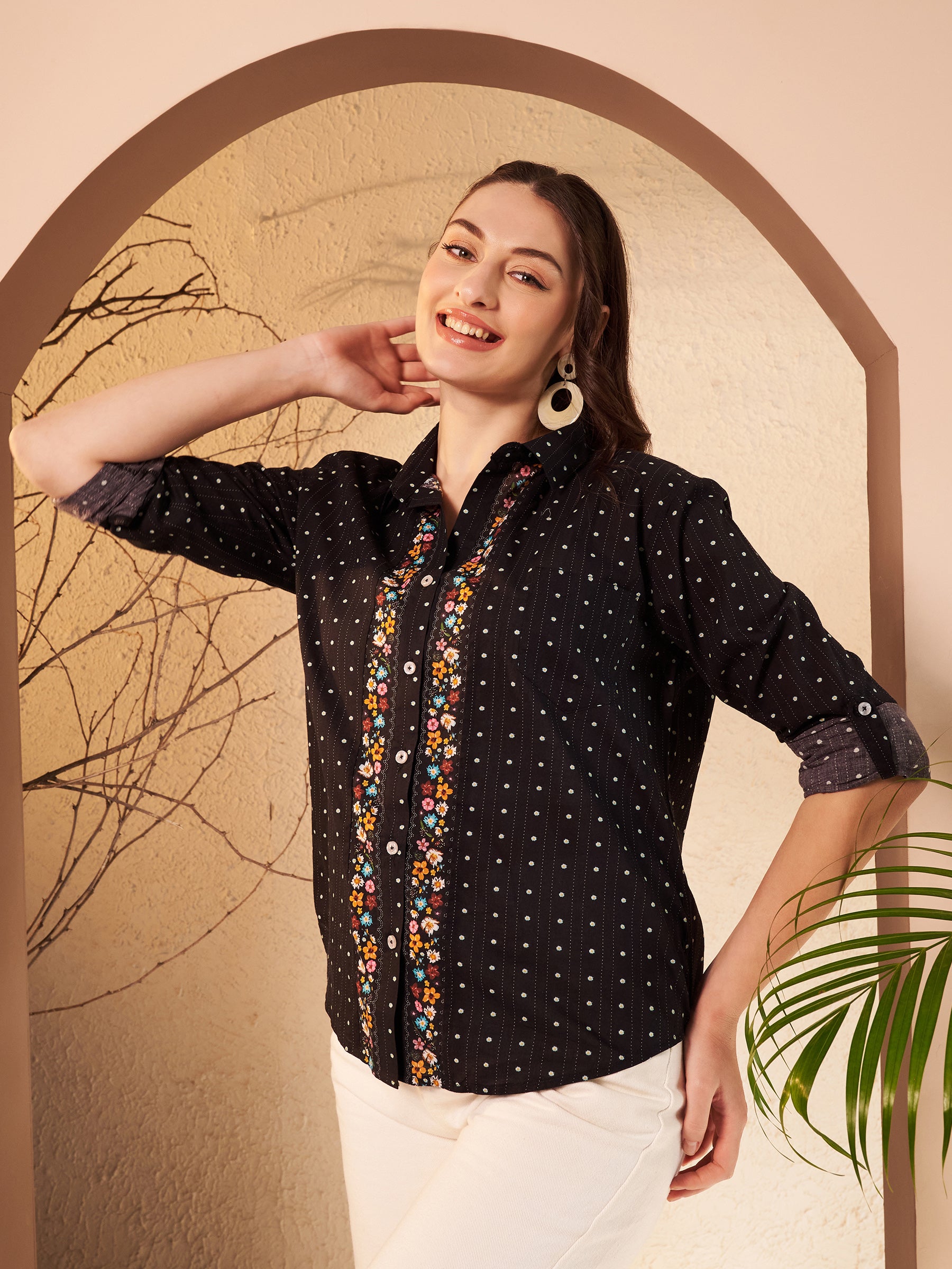 Black Dotted Printed Shirt with Floral Print Placket