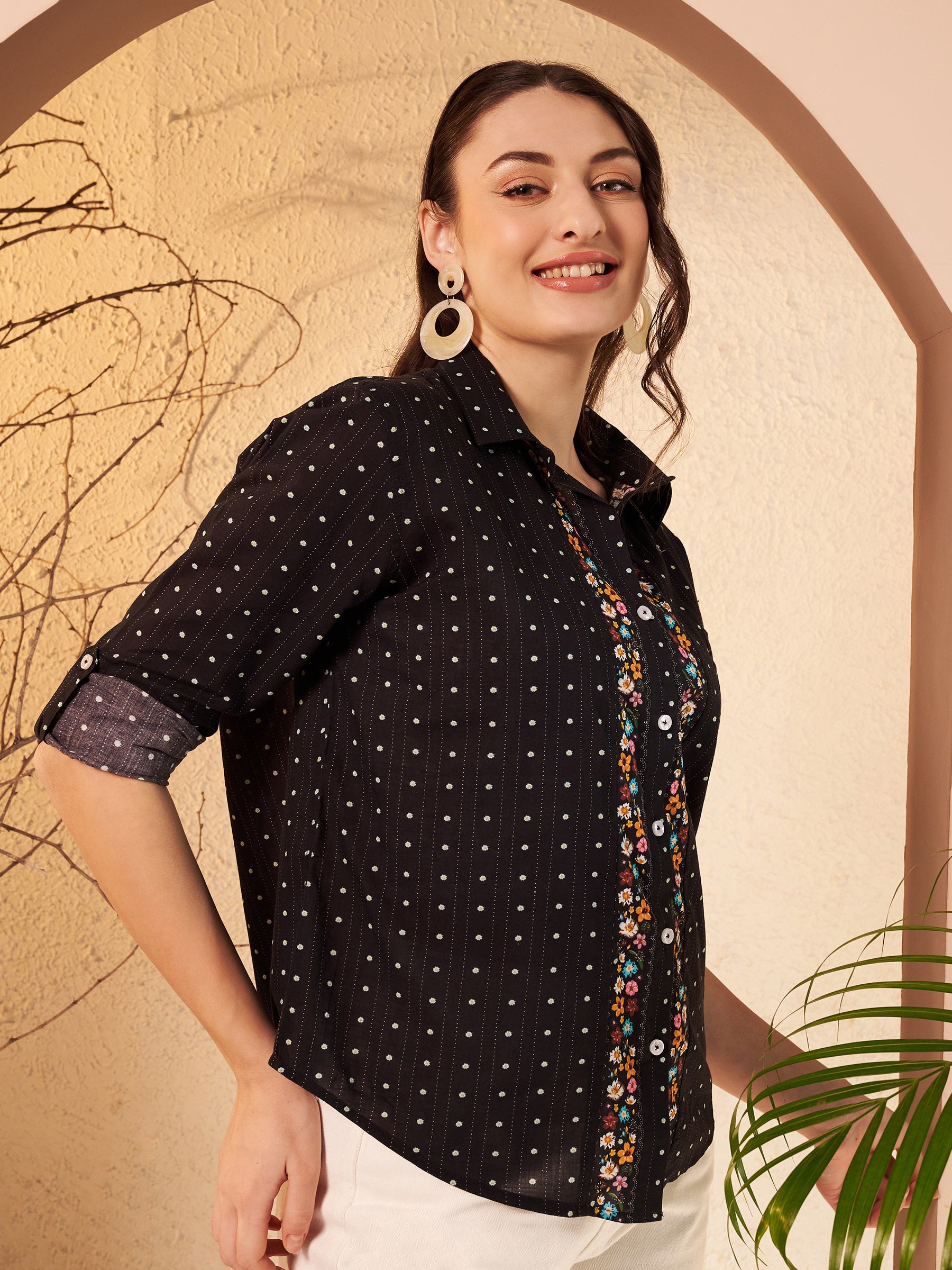 Black Dotted Printed Shirt with Floral Print Placket