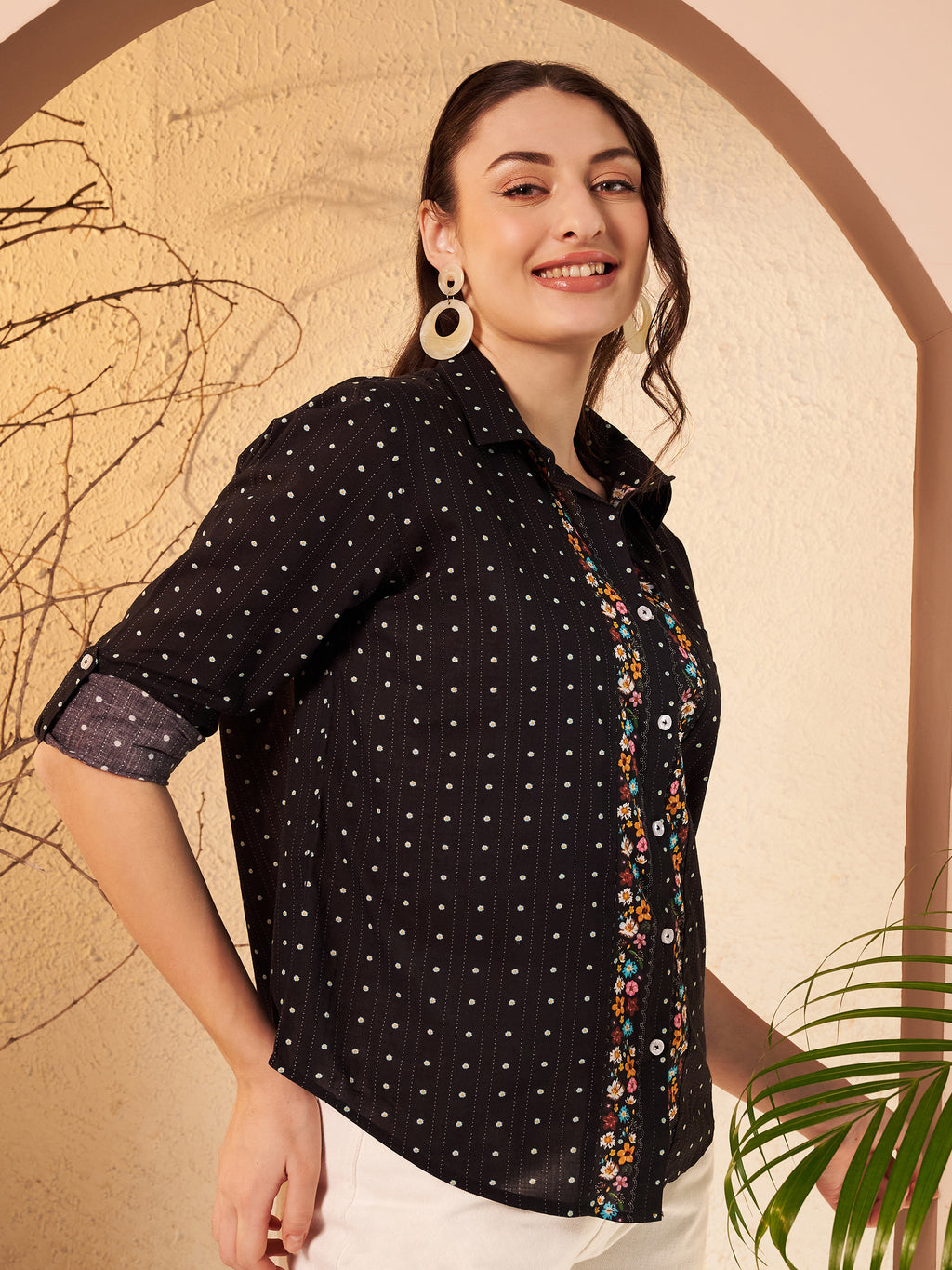 Dotted Printed Shirt with Floral Print Placket