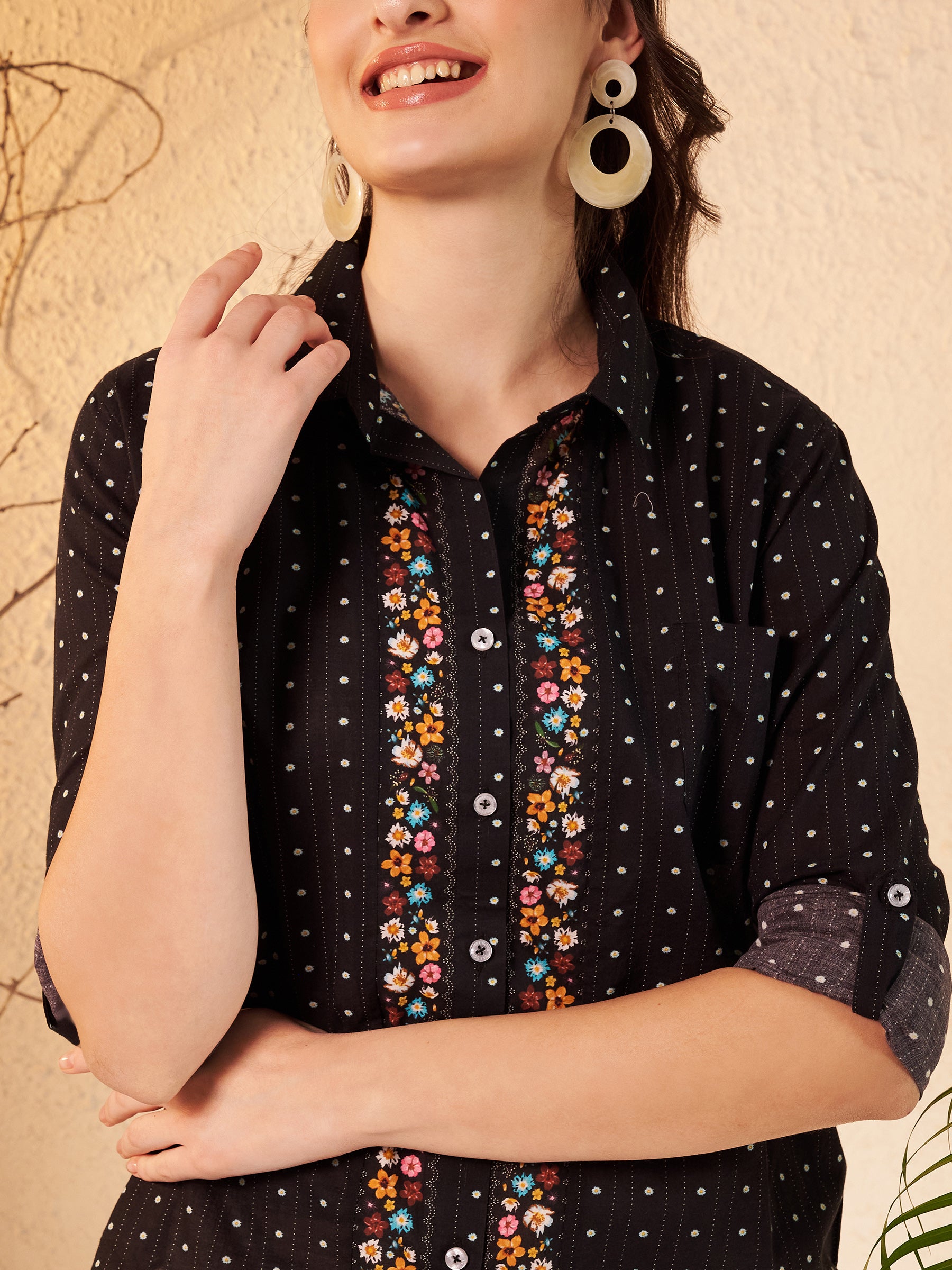 Black Dotted Printed Shirt with Floral Print Placket