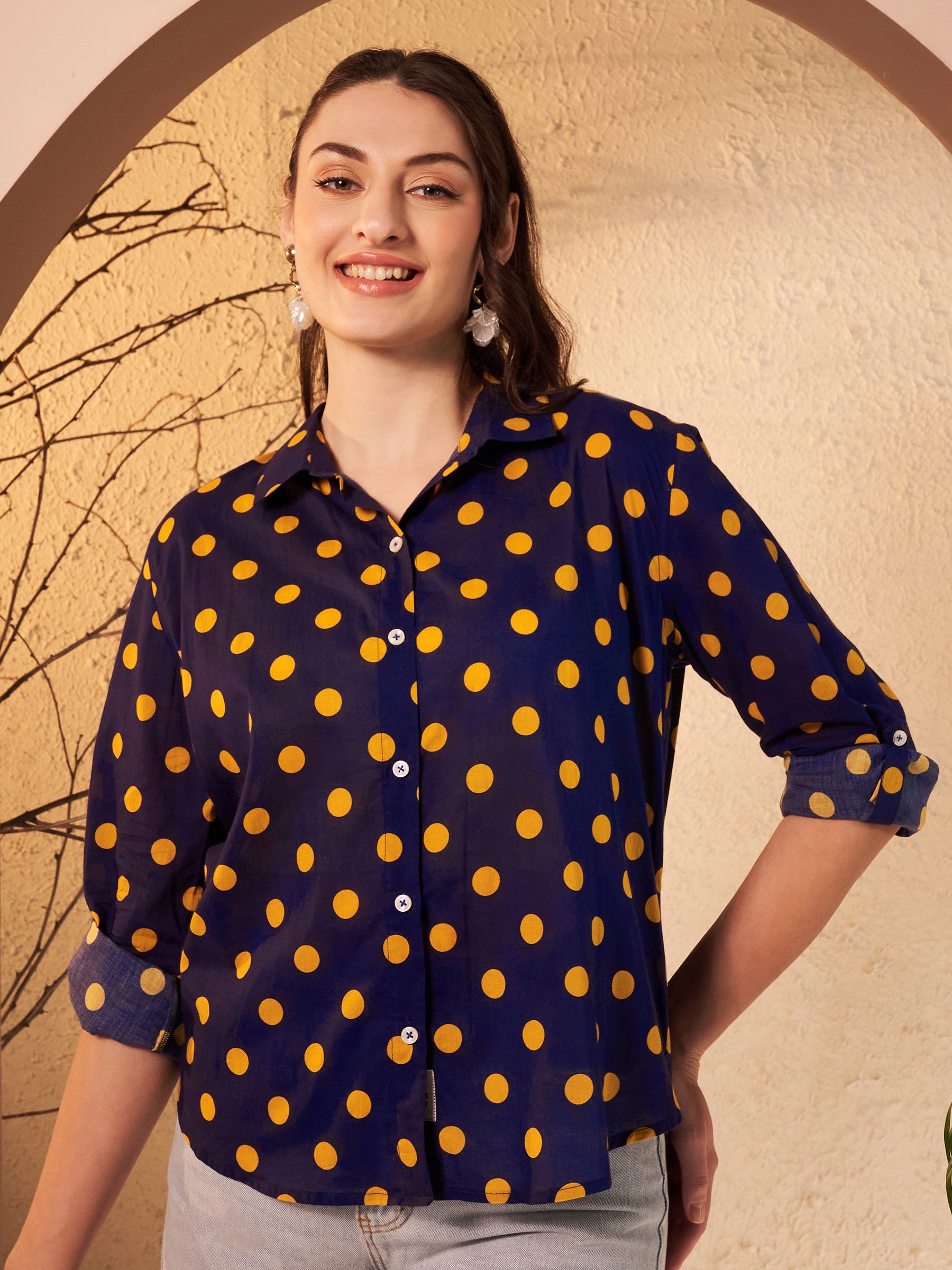 Navy Blue Polka Dot Printed Shirt