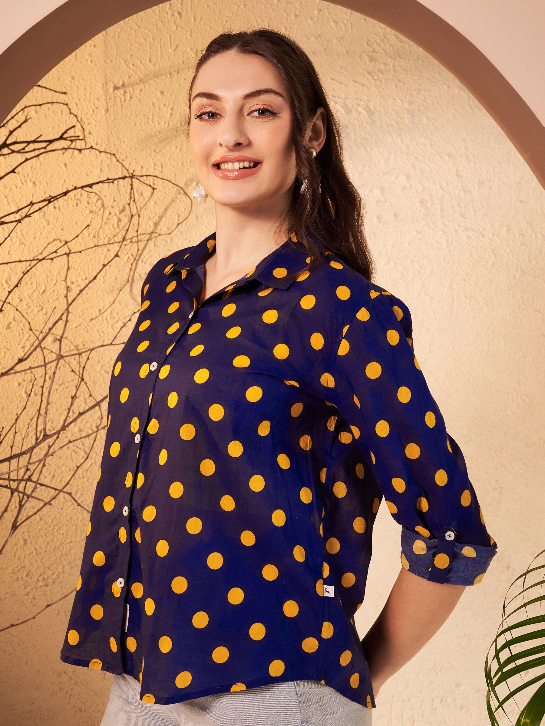 Navy Blue Polka Dot Printed Shirt