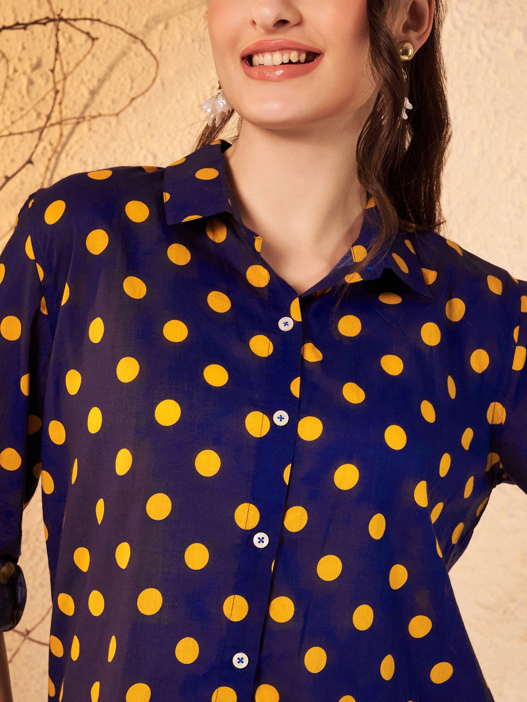 Navy Blue Polka Dot Printed Shirt
