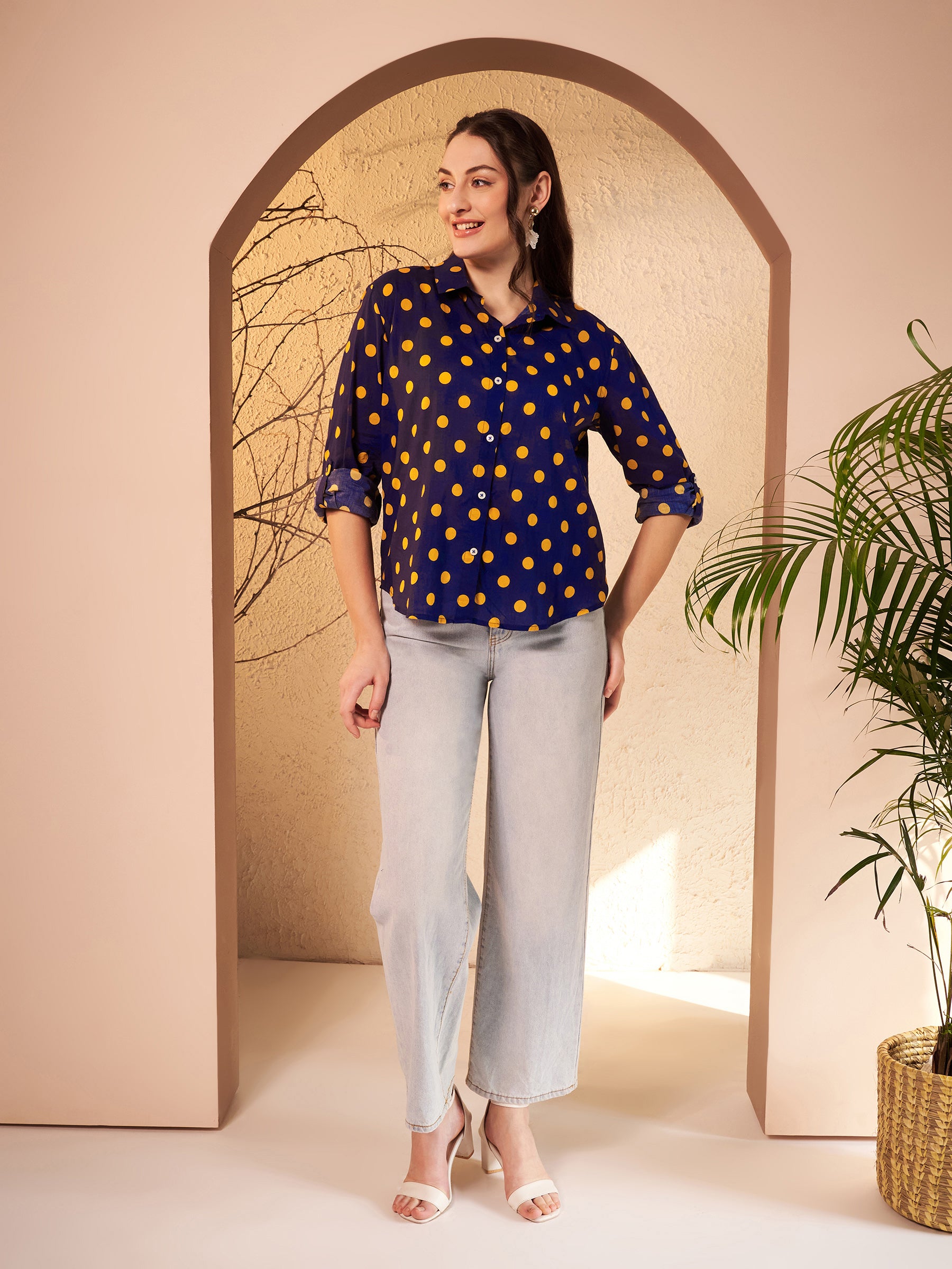 Navy Blue Polka Dot Printed Shirt
