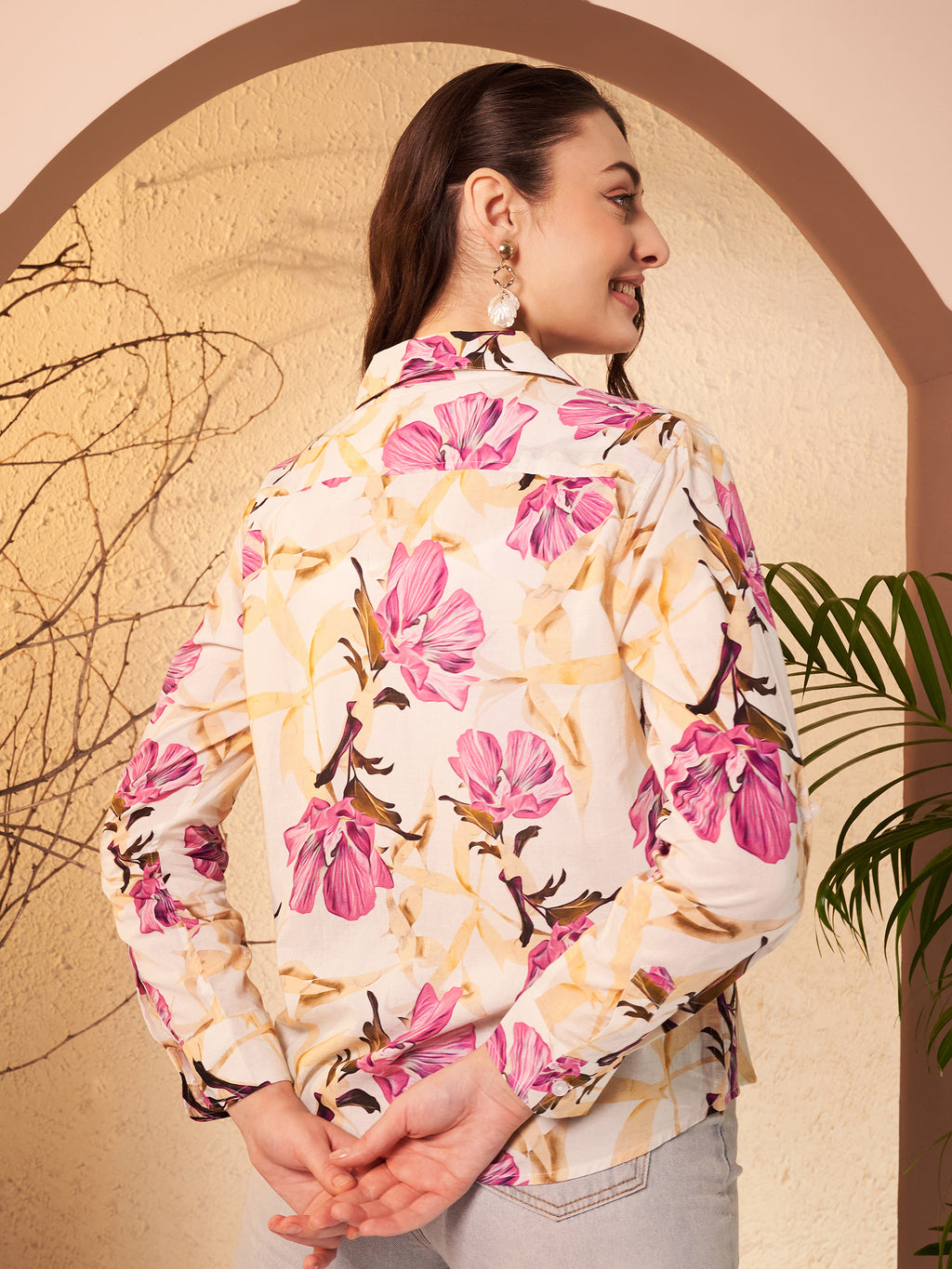 Ivory Floral Printed Shirt with Ornamental Contrast Placket