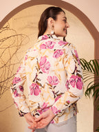Ivory Floral Printed Shirt with Ornamental Contrast Placket