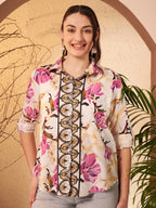 Ivory Floral Printed Shirt with Ornamental Contrast Placket