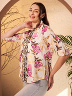 Ivory Floral Printed Shirt with Ornamental Contrast Placket