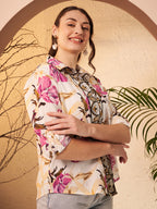Ivory Floral Printed Shirt with Ornamental Contrast Placket