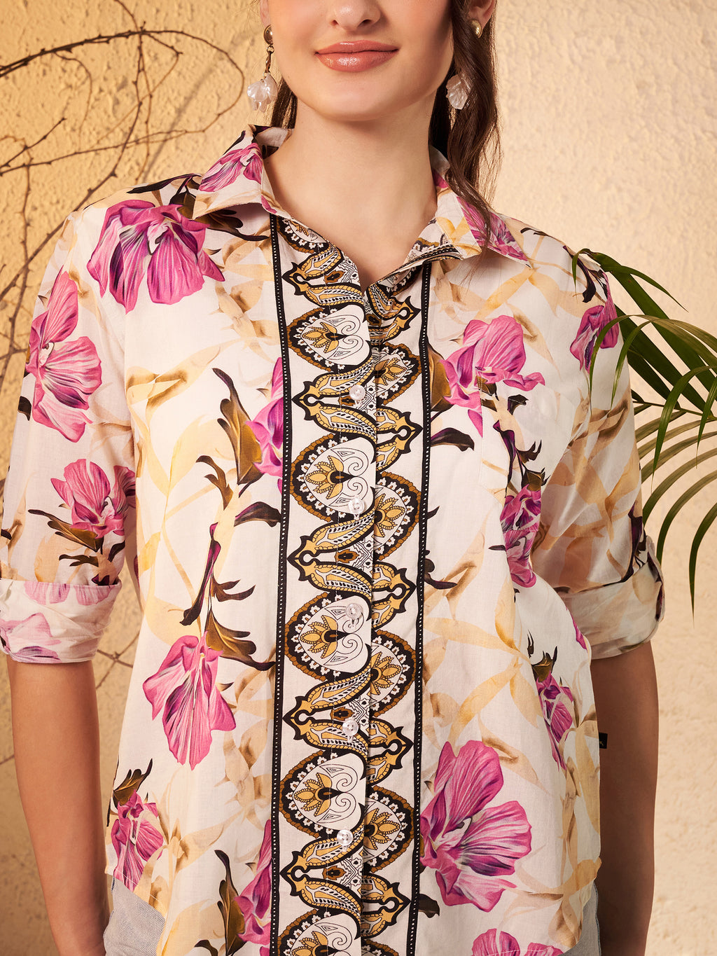 Ivory Floral Printed Shirt with Ornamental Contrast Placket
