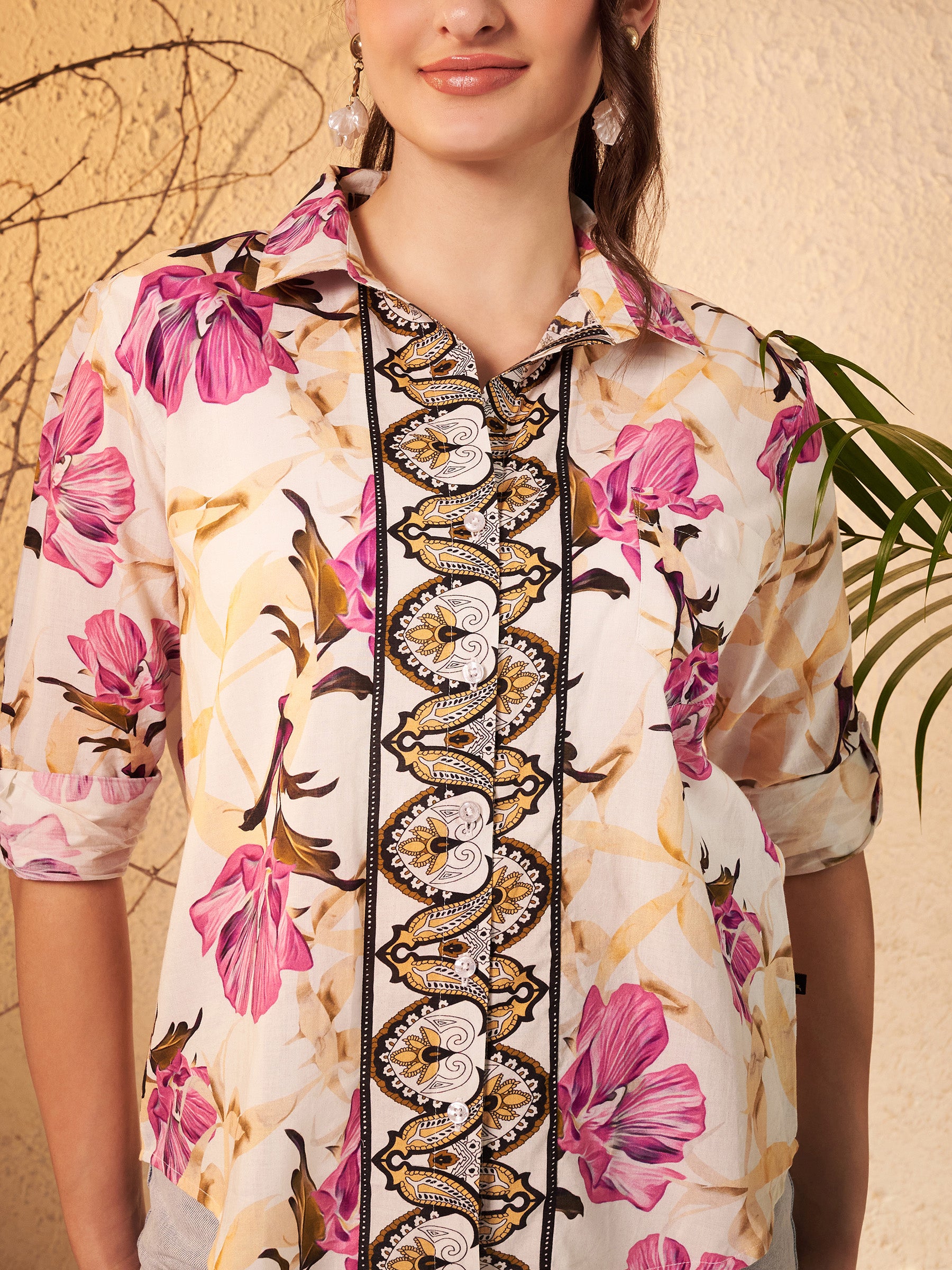 Ivory Floral Printed Shirt with Ornamental Contrast Placket