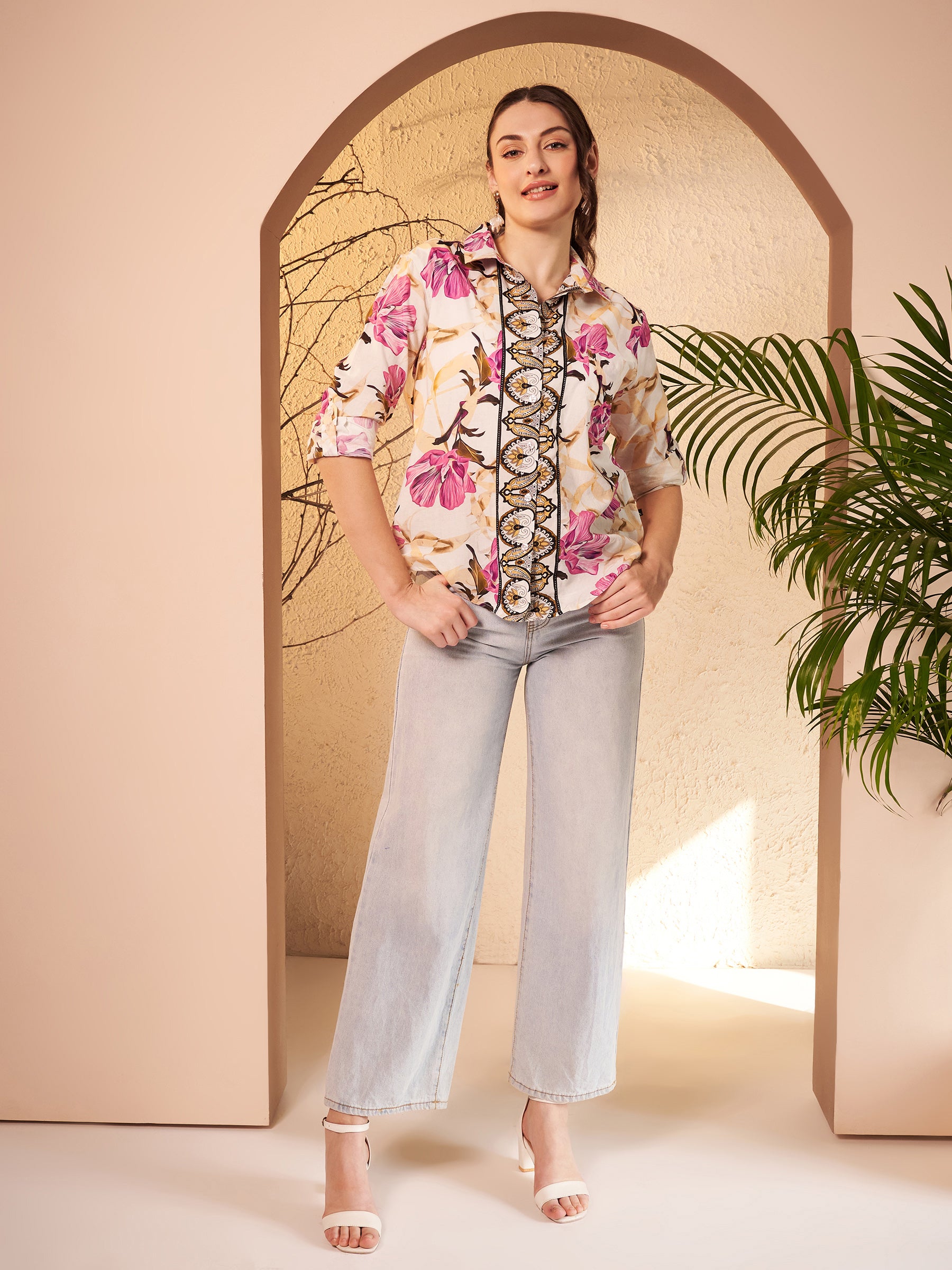 Ivory Floral Printed Shirt with Ornamental Contrast Placket