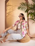 Ivory Floral Printed Shirt with Ornamental Contrast Placket
