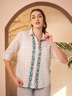 White Dotted Printed Shirt with Floral Printed Placket