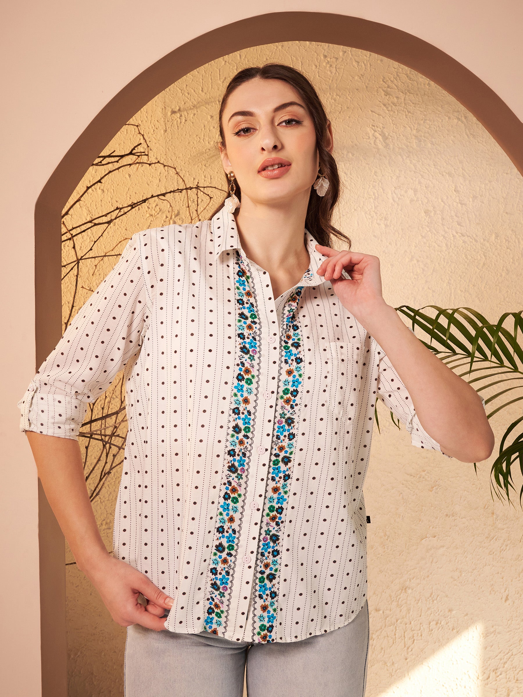 Dotted Printed Shirt with Floral Print Placket