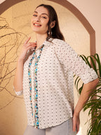 White Dotted Printed Shirt with Floral Printed Placket