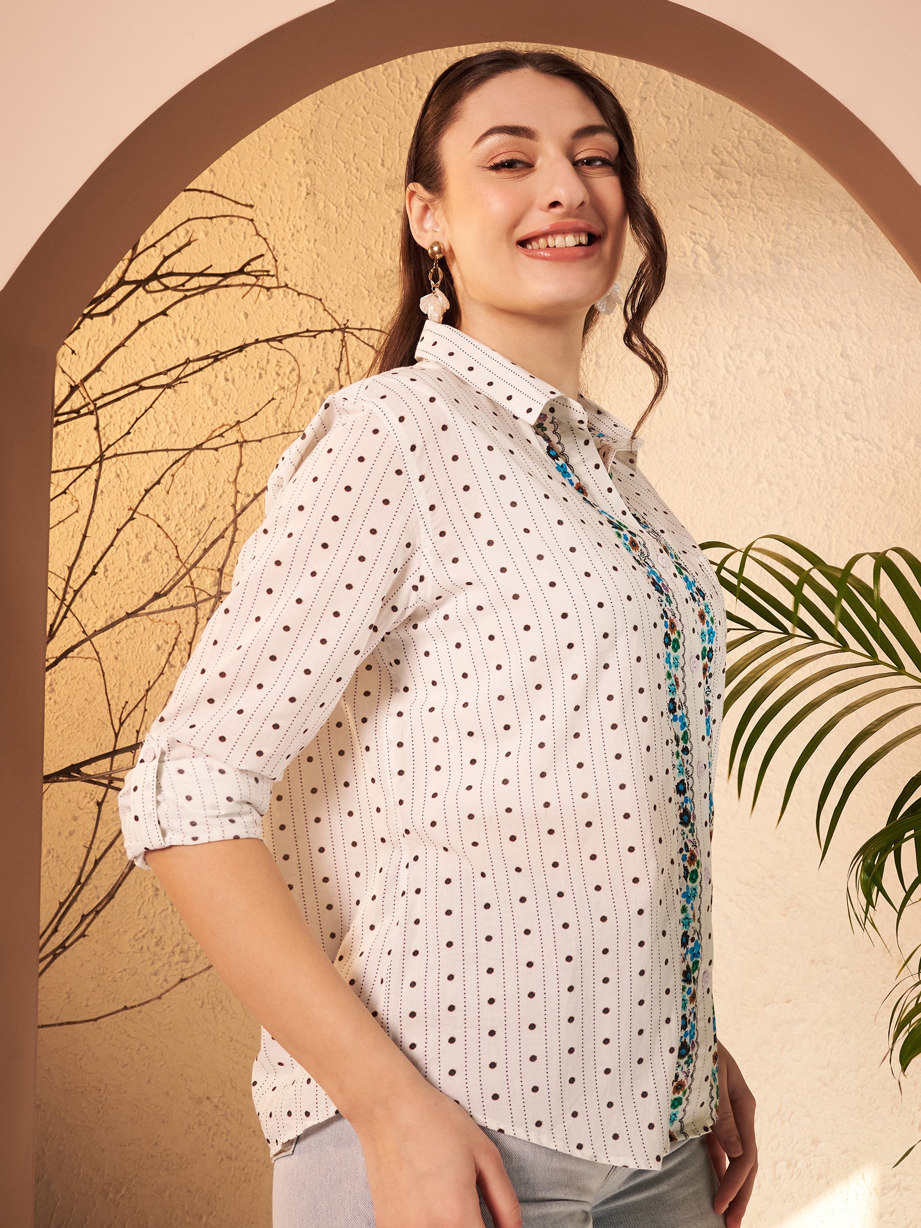 Dotted Printed Shirt with Floral Print Placket