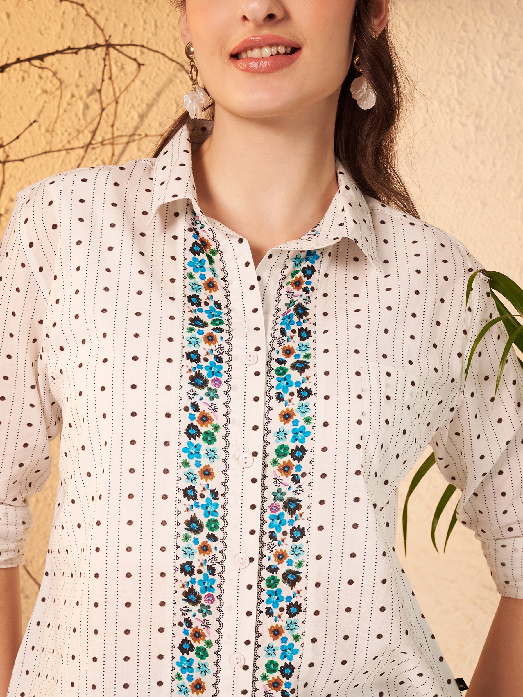 Dotted Printed Shirt with Floral Print Placket