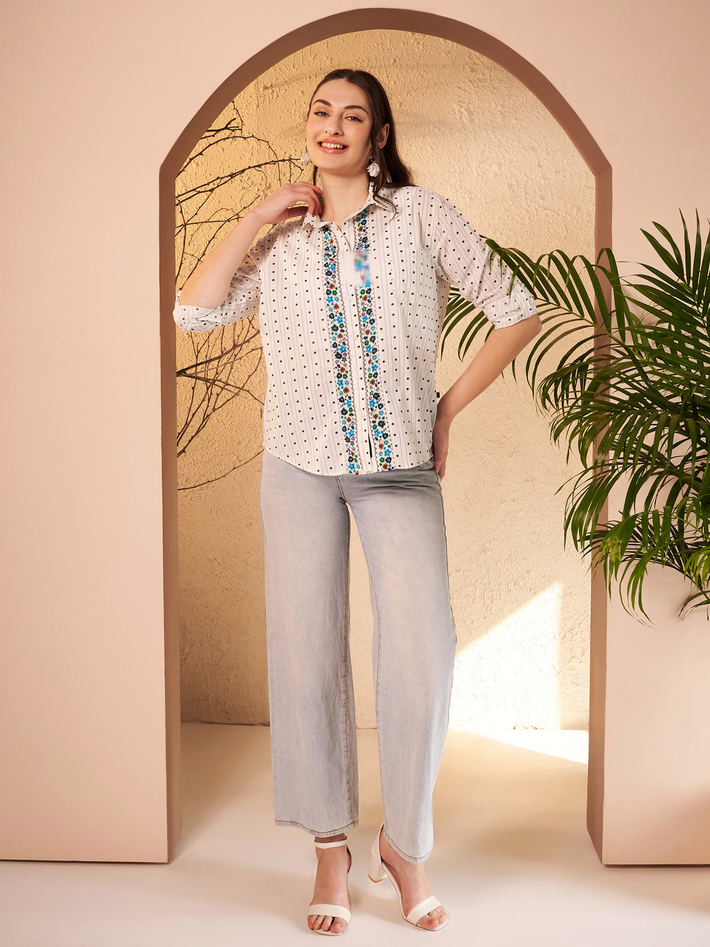 White Dotted Printed Shirt with Floral Printed Placket
