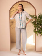 White Dotted Printed Shirt with Floral Printed Placket