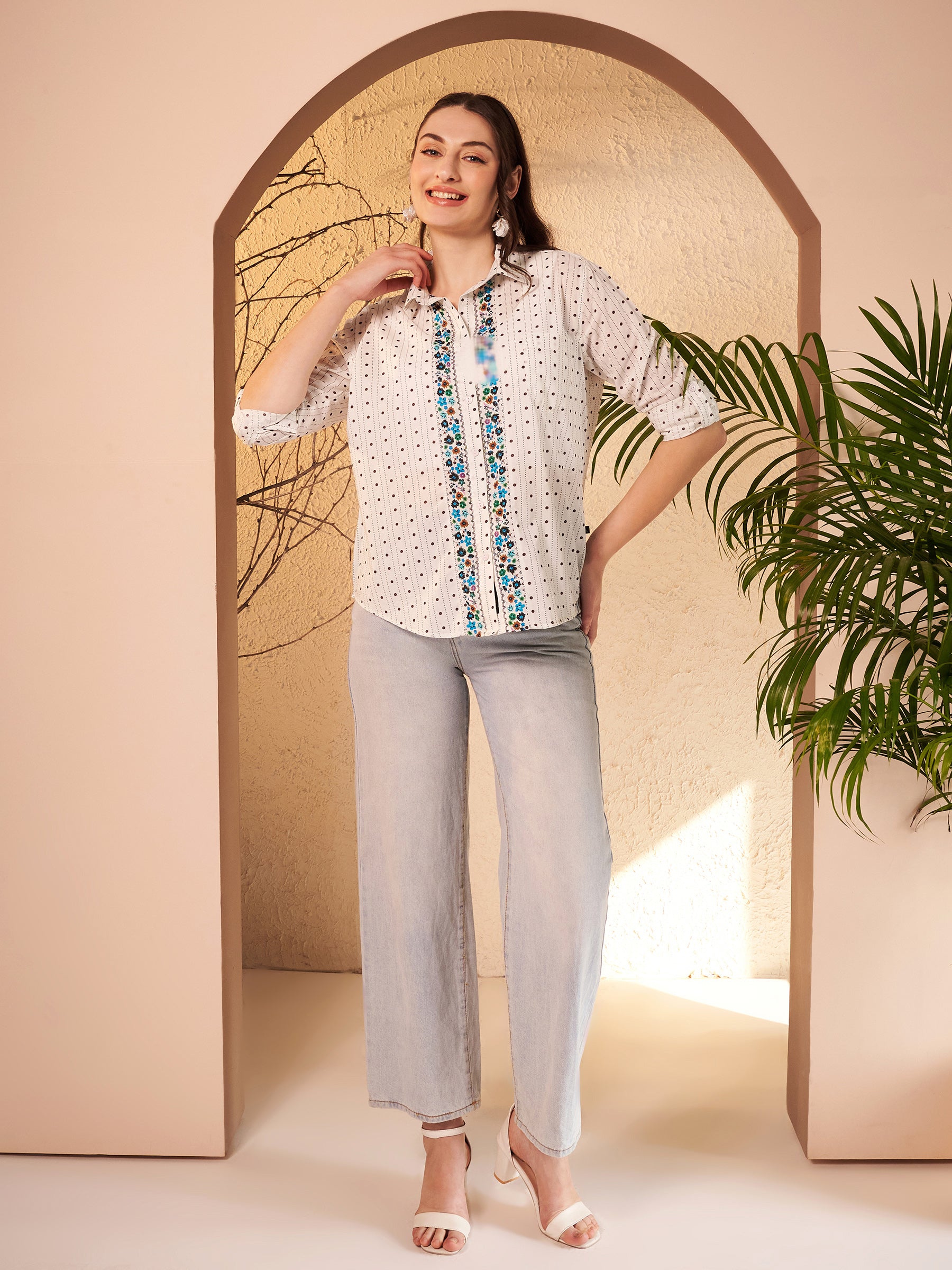 White Dotted Printed Shirt with Floral Printed Placket