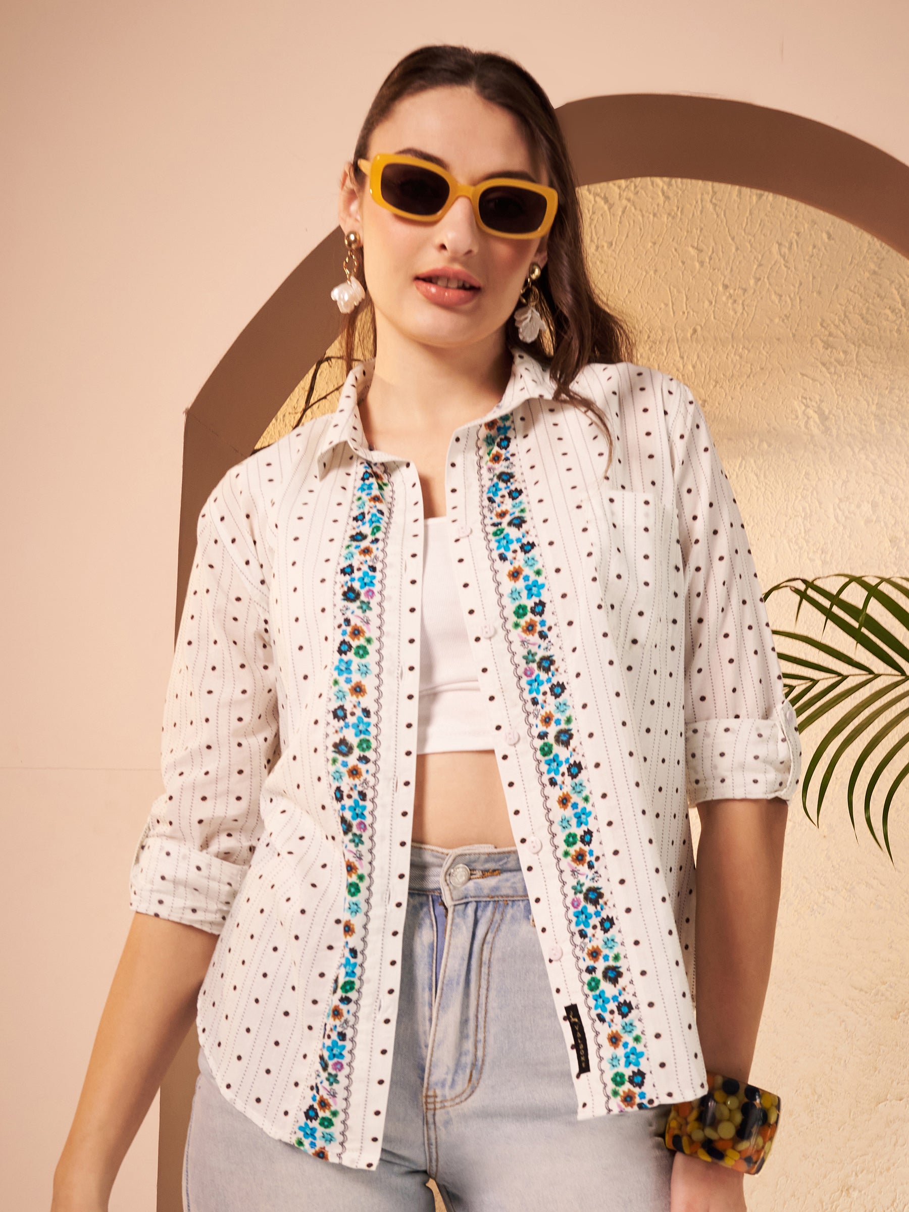 White Dotted Printed Shirt with Floral Printed Placket