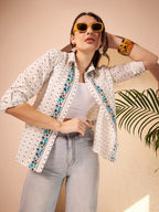 White Dotted Printed Shirt with Floral Printed Placket
