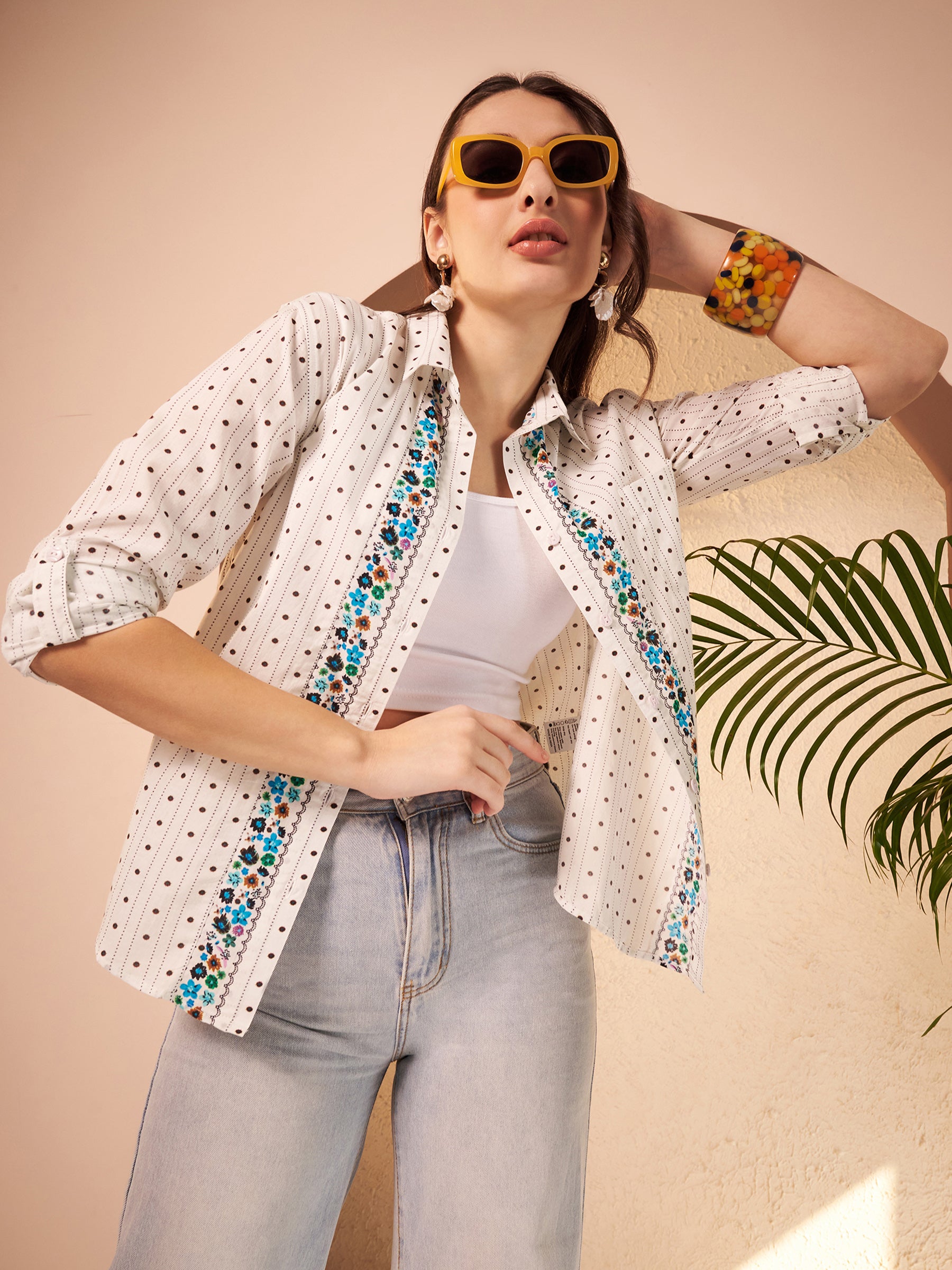 White Dotted Printed Shirt with Floral Printed Placket