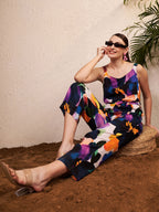 TopHill Textile Women's Multicolor Floral Printed Cotton Jumpsuit | Sleeveless Tie-Up Waist Wide Leg Casual Jumpsuit