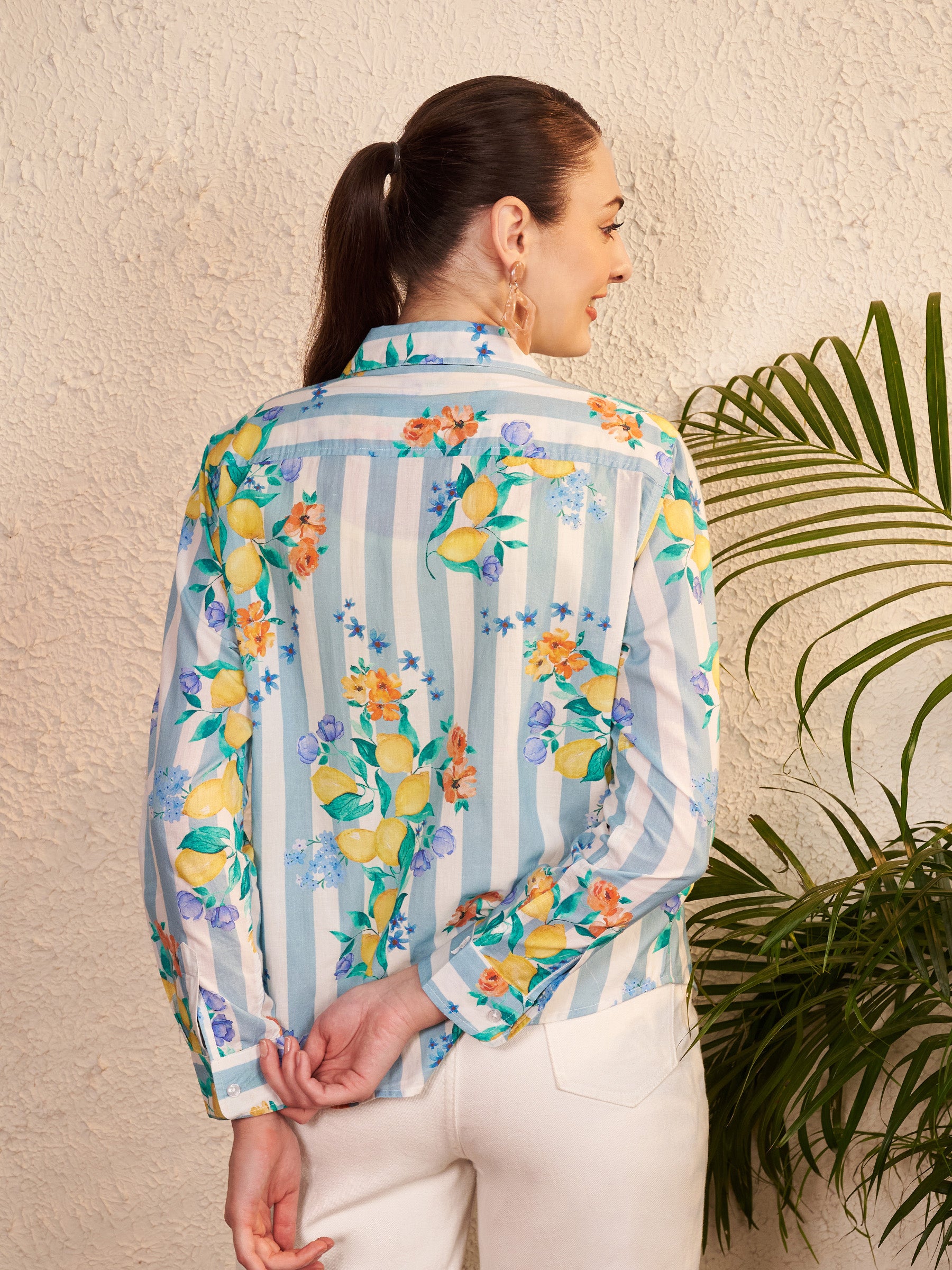 Blue & White Striped Floral Printed Shirt