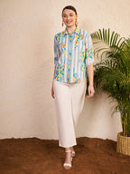 Blue & White Striped Floral Printed Shirt