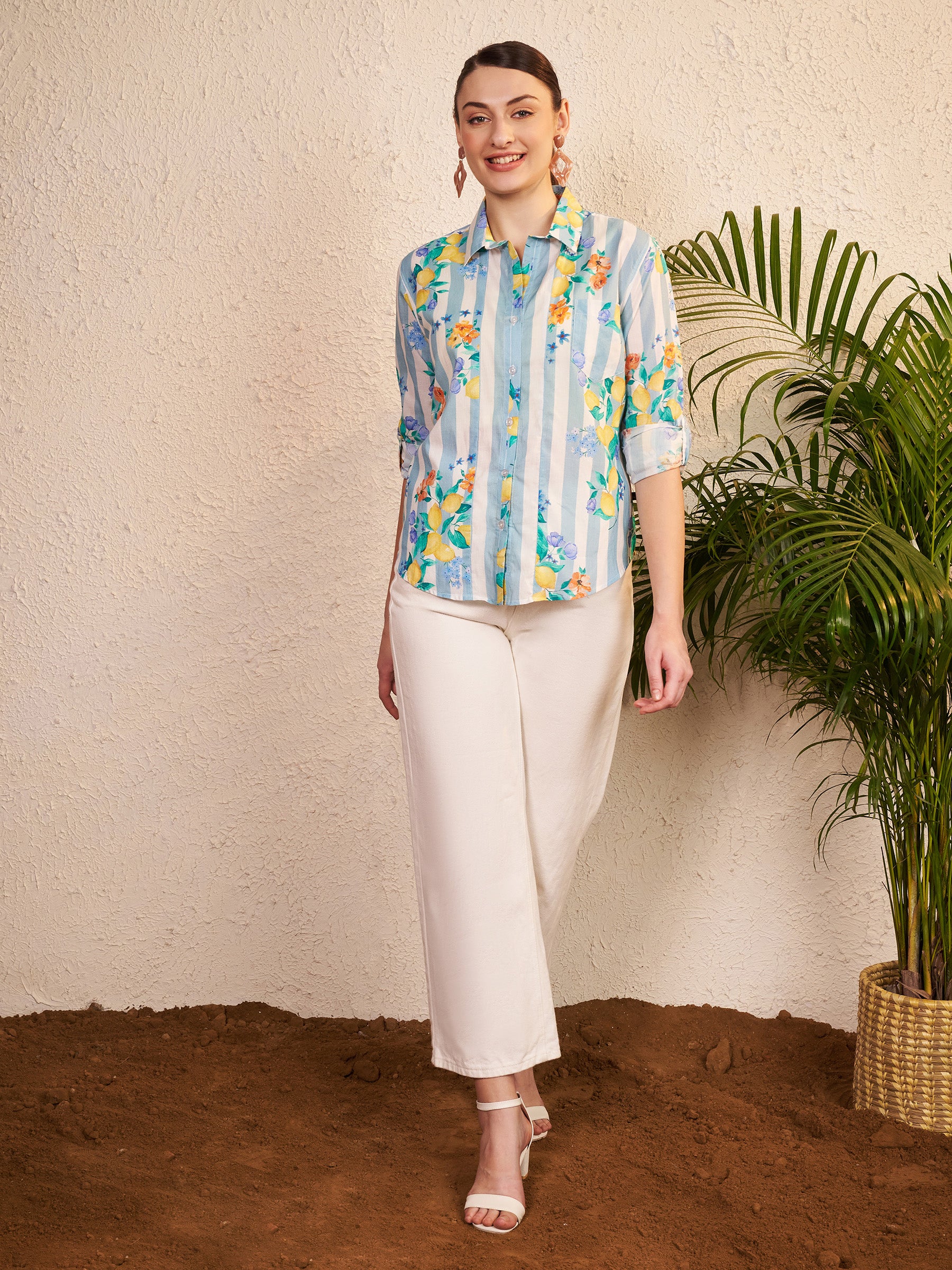 Blue & White Striped Floral Printed Shirt