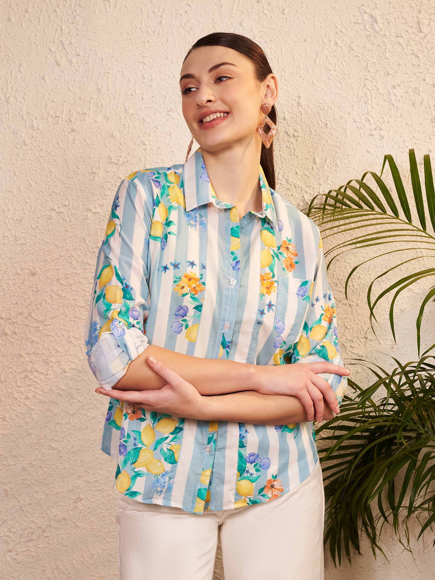 Blue & White Striped Floral Printed Shirt