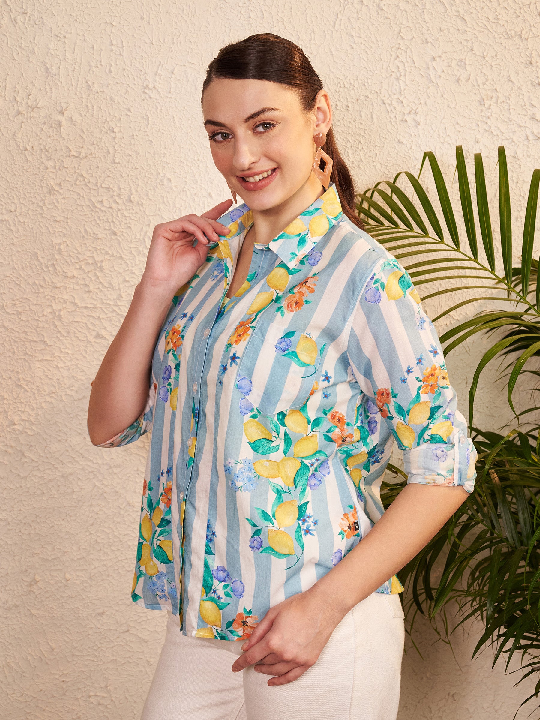 Blue & White Striped Floral Printed Shirt