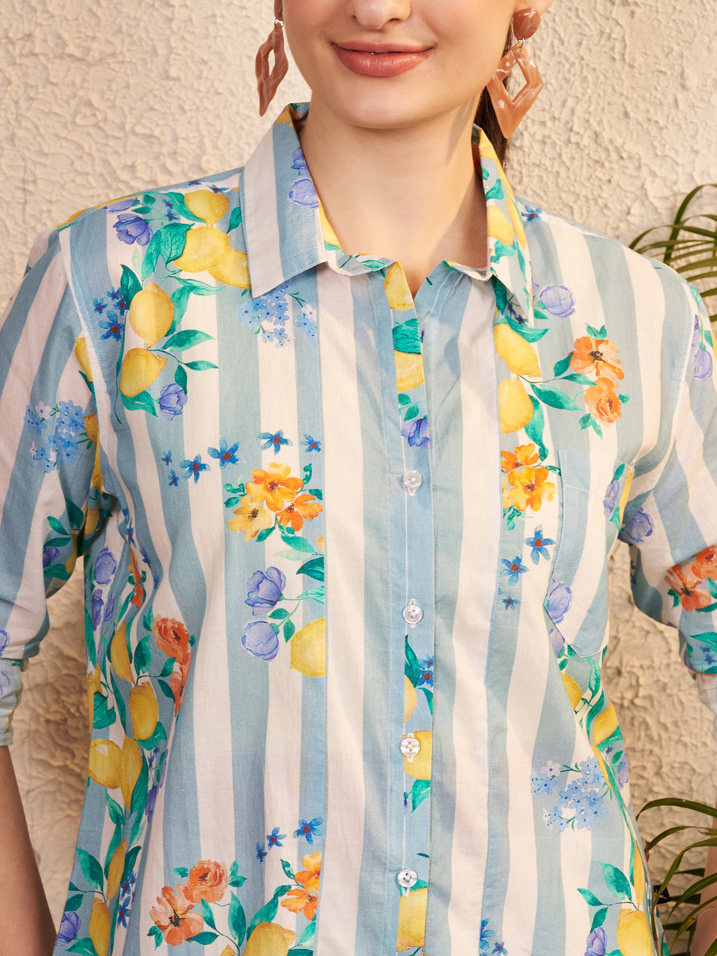 Blue & White Striped Floral Printed Shirt