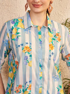 Blue & White Striped Floral Printed Shirt