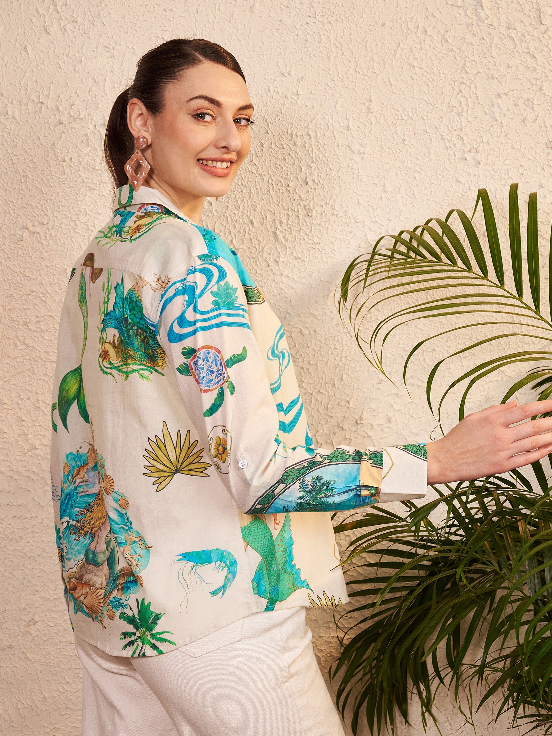 Cream & Aqua Printed Shirt with Contrast Placket