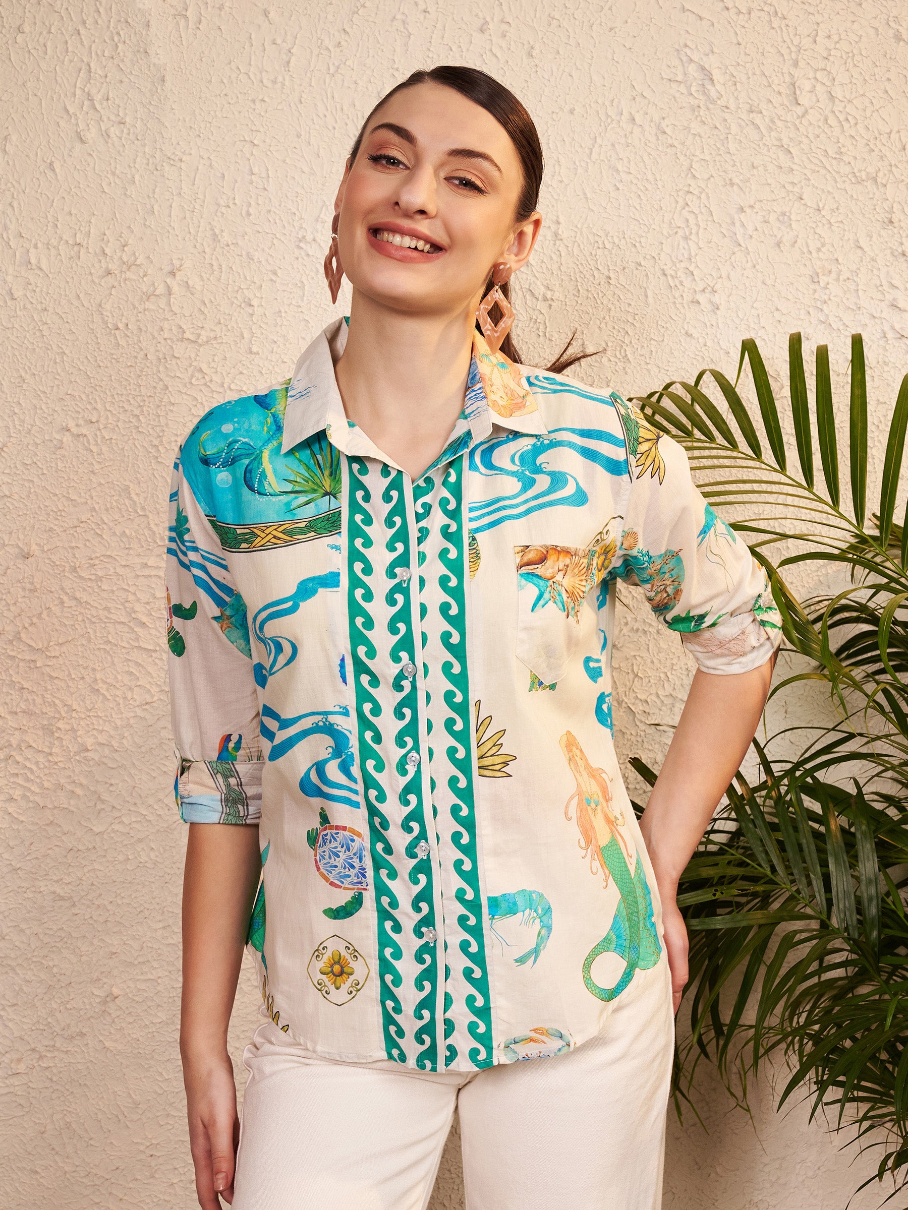 Cream & Aqua Printed Shirt with Contrast Placket
