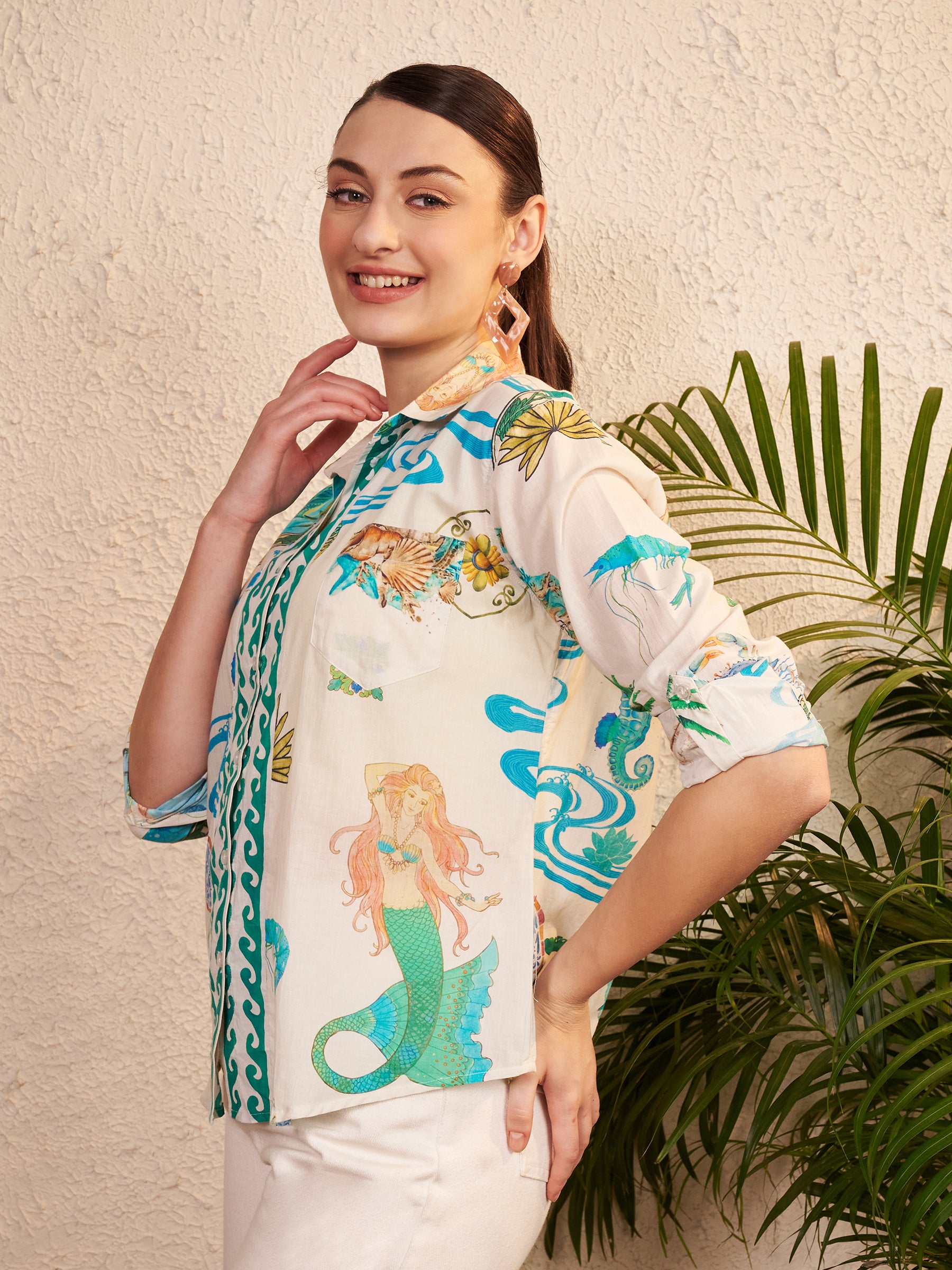 Cream & Aqua Printed Shirt with Contrast Placket